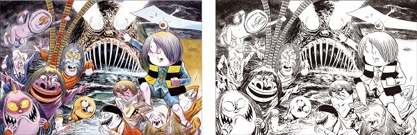 「南の島から妖怪軍団がせめてきた！ 鬼太郎VS南方妖怪」（左）原画、（右）塗り絵　Tokuma Shoten　（C）Mizuki Production